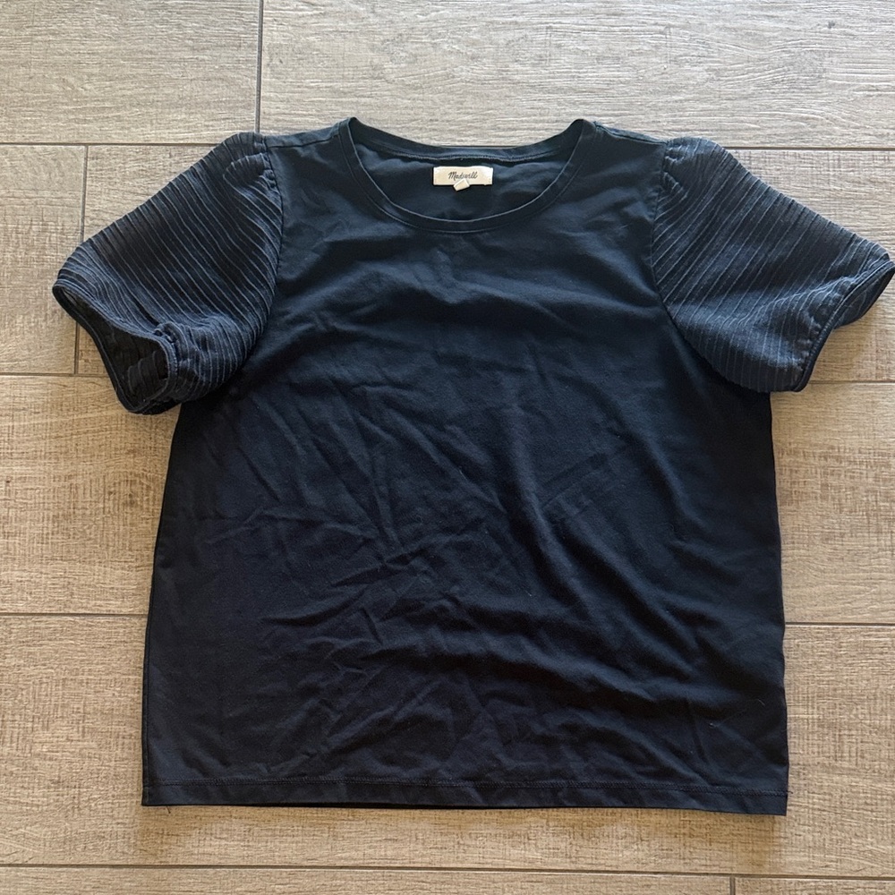 Madewell Black Tee with Textured Puff Sheer Sleeves medium